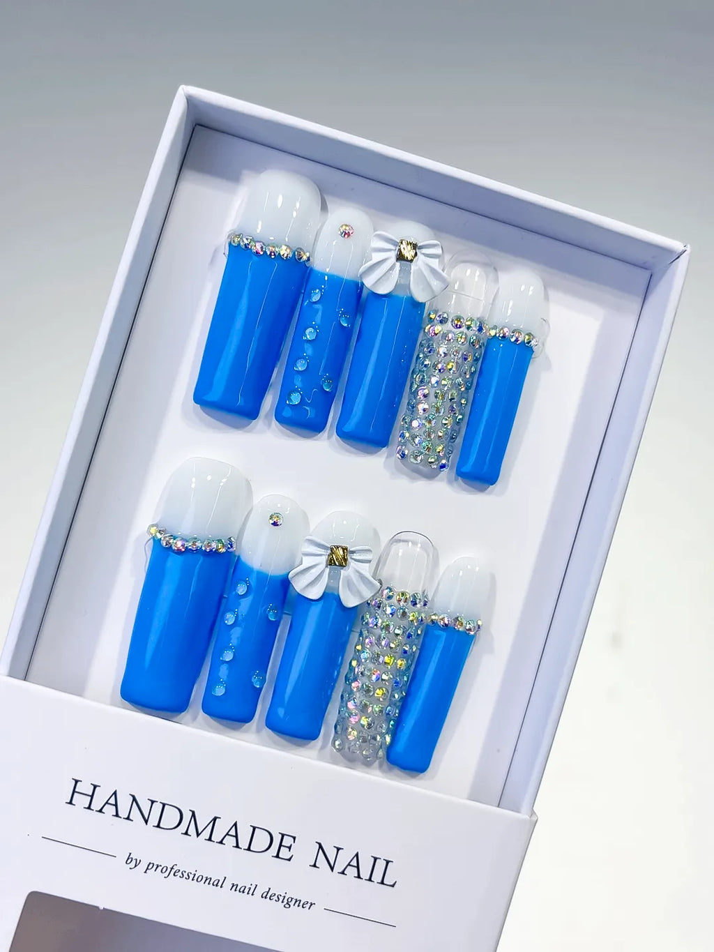 Blue White Silver Solid color Bow Rhinestone press on nails