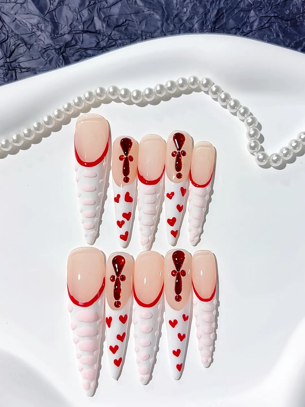Nude Blue Black Gold Abstract Flower Metallic Charm press on nails detail view
