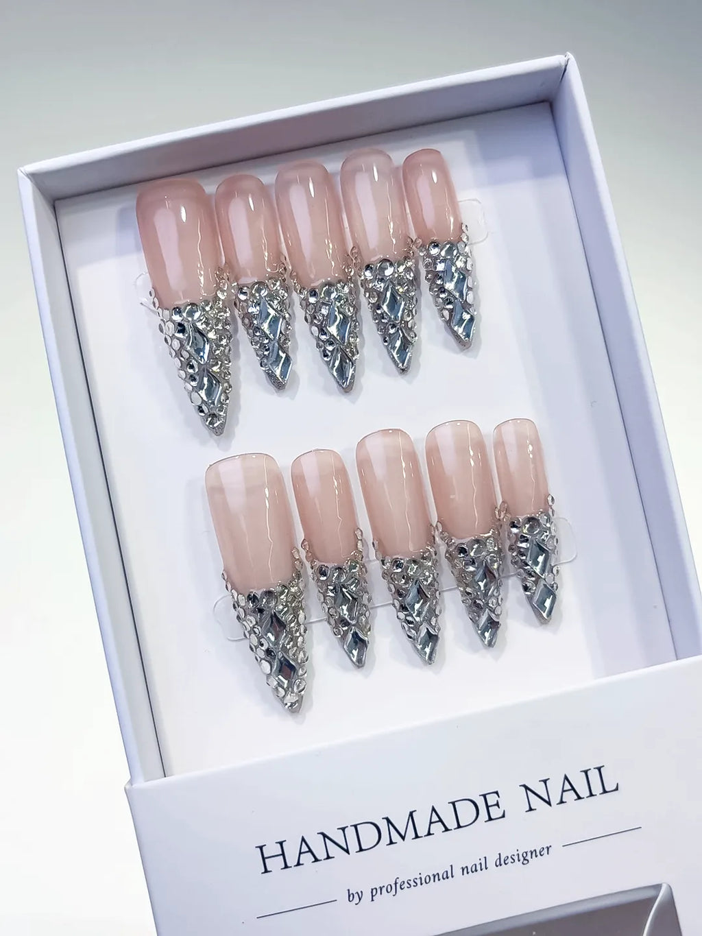 Nude Red Black White French tip Cherry Dot Pattern press on nails angled view