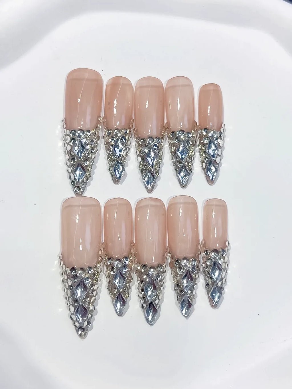 Nude Red Black White French tip Cherry Dot Pattern press on nails detail view