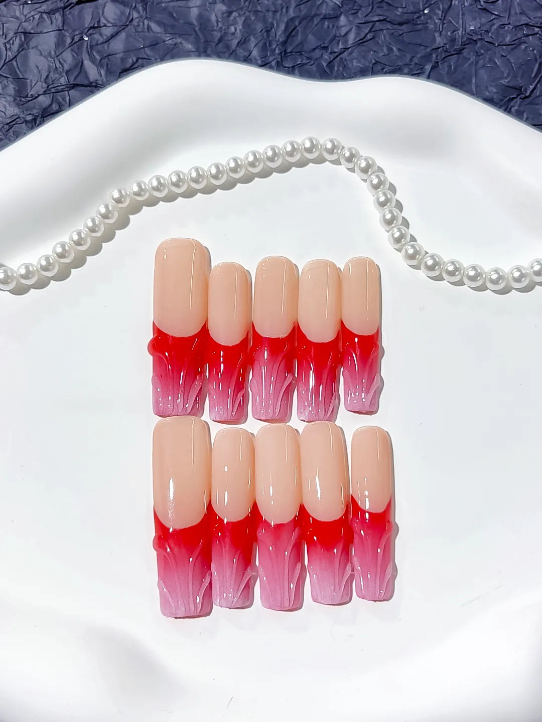 Nude Brown French tip Flower Dot Pattern Chain press on nails close up