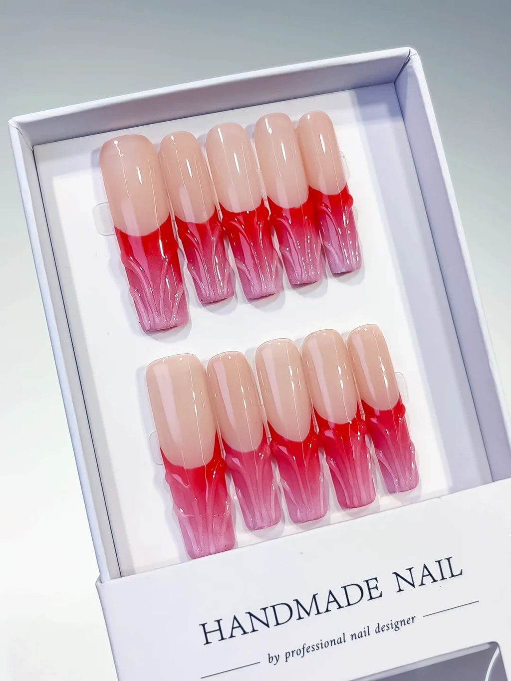 Nude Brown French tip Flower Dot Pattern Chain press on nails angled view