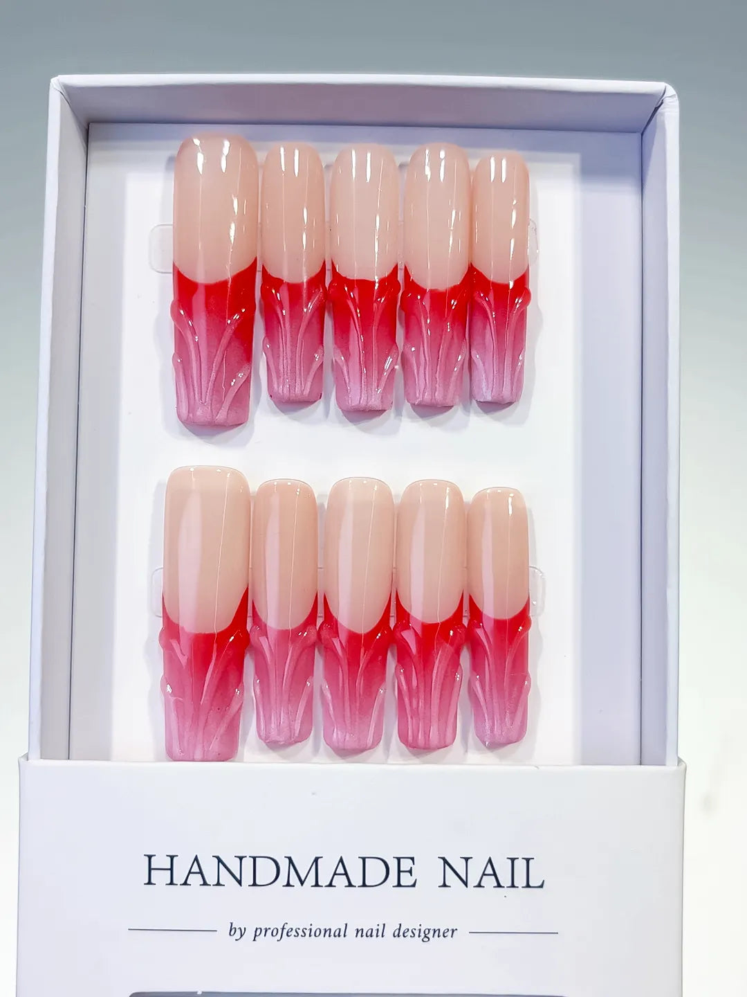 Nude Brown French tip Flower Dot Pattern Chain press on nails full set view