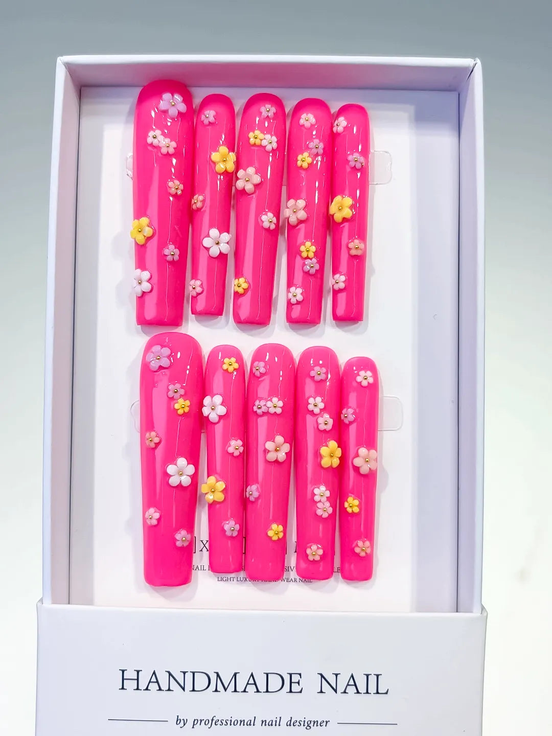 Pink White French tip Flower Shell Star press on nails full set view