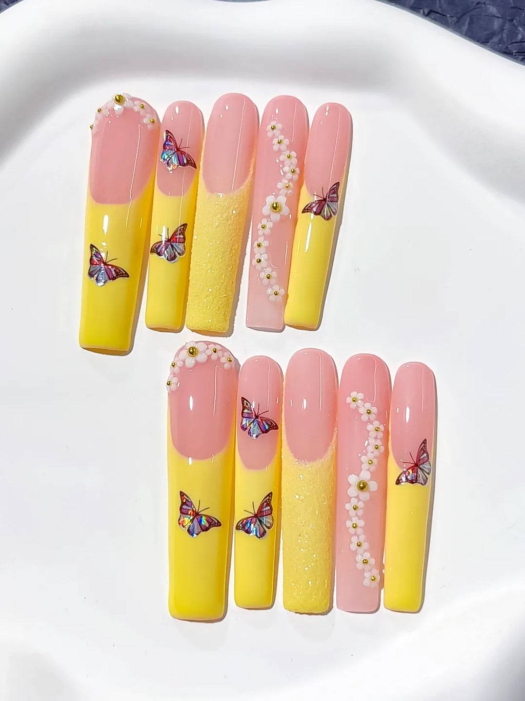 Nude White Silver French tip Flower Rhinestone press on nails detail view