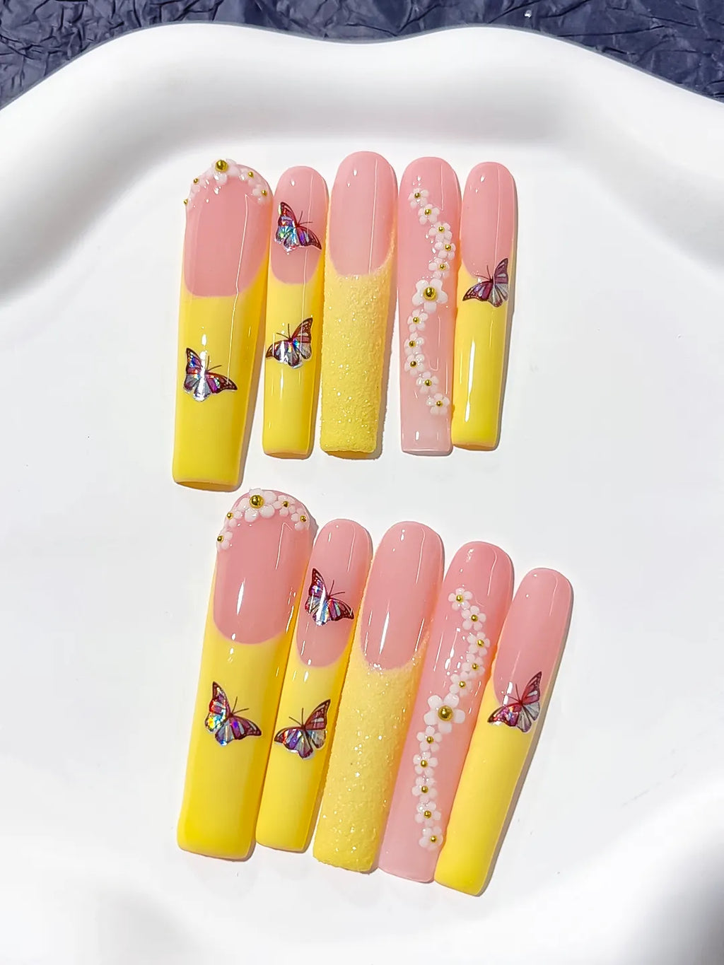 Nude White Silver French tip Flower Rhinestone press on nails close up