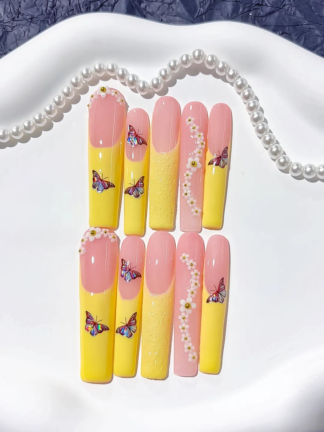 Nude White Silver French tip Flower Rhinestone press on nails detail view
