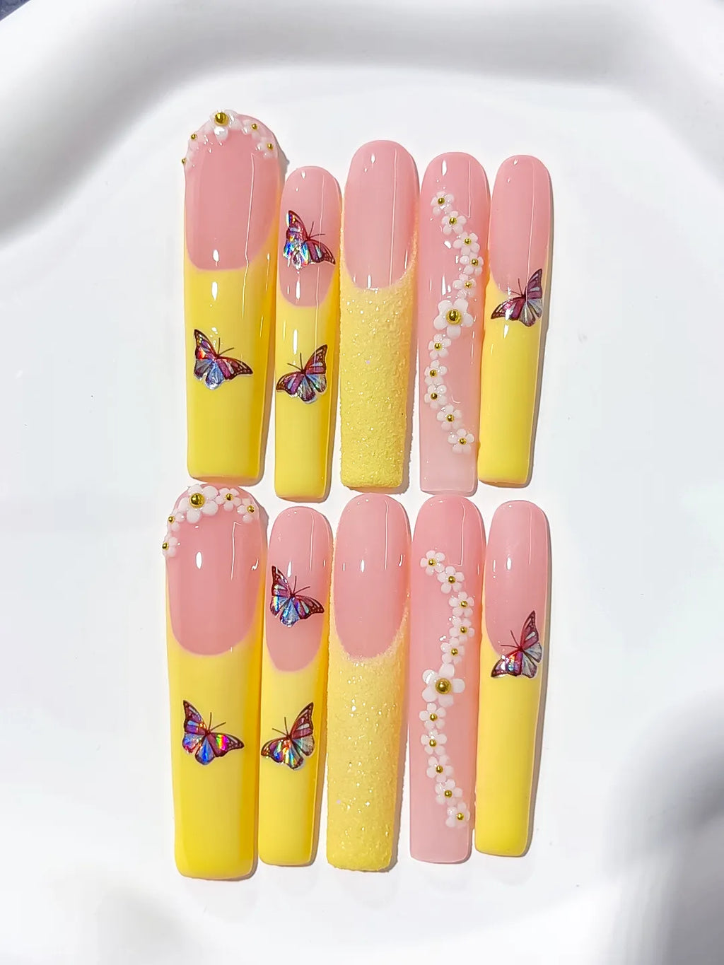 Nude White Silver French tip Flower Rhinestone press on nails detail view