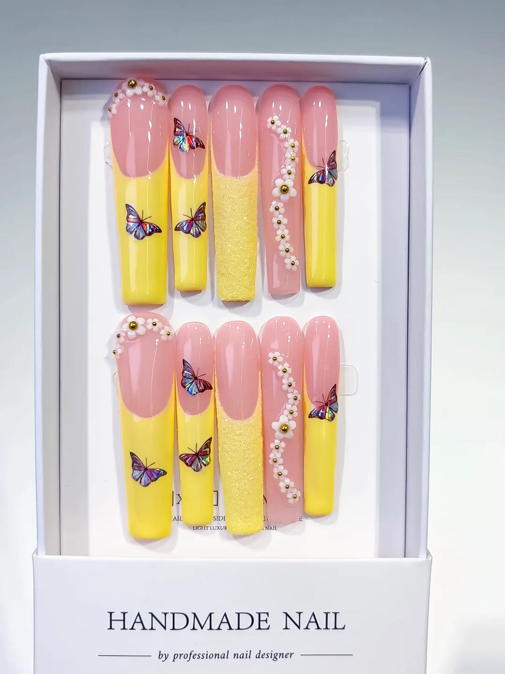 Nude White Silver French tip Flower Rhinestone press on nails full set view
