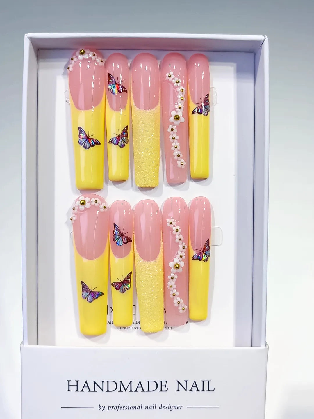 Nude White Silver French tip Flower Rhinestone press on nails full set view