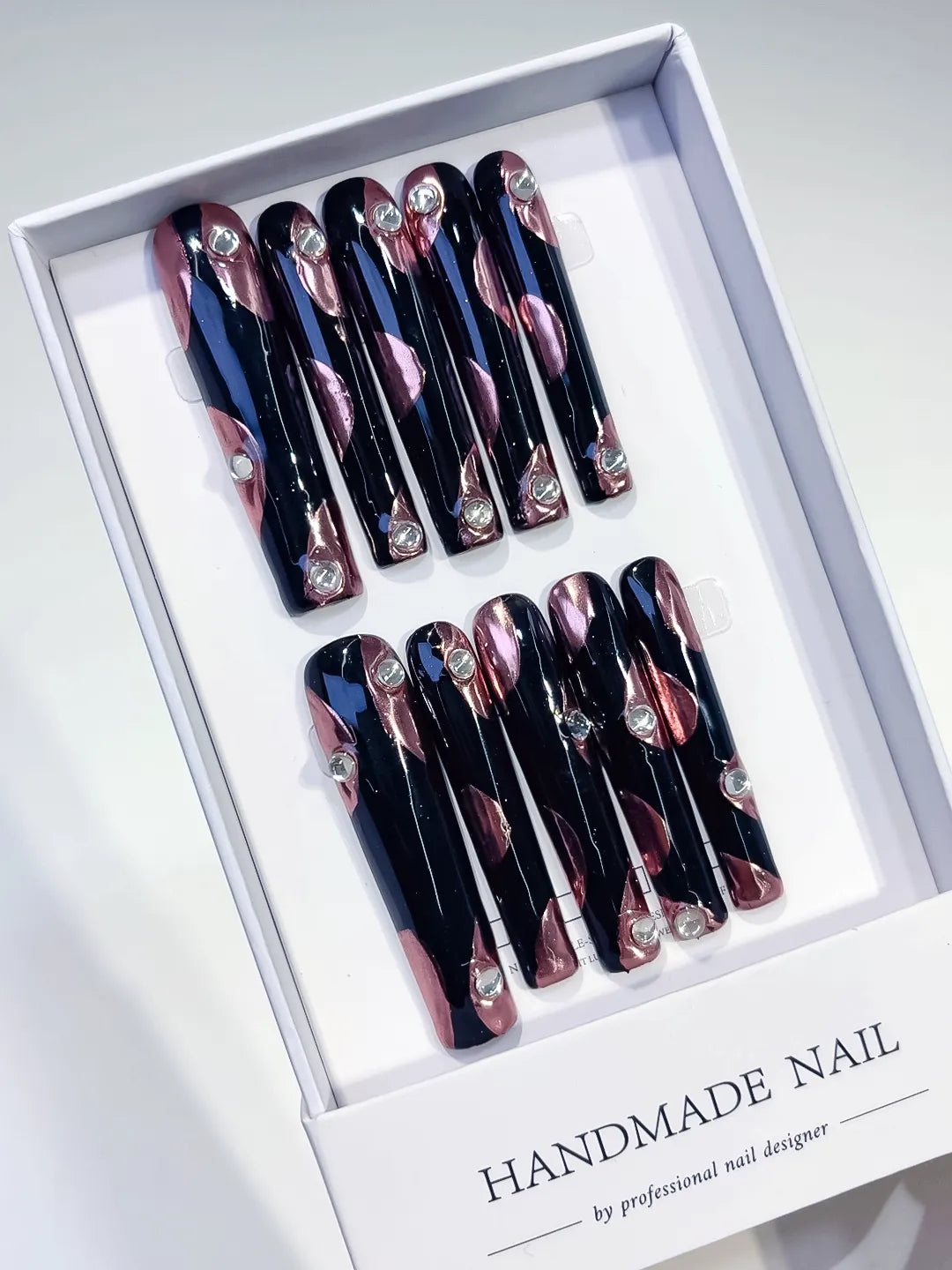 Pink White Black French tip Flower Heart press on nails angled view