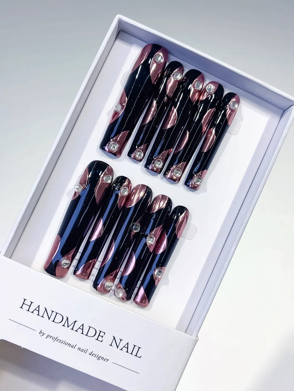 Pink White Black French tip Flower Heart press on nails