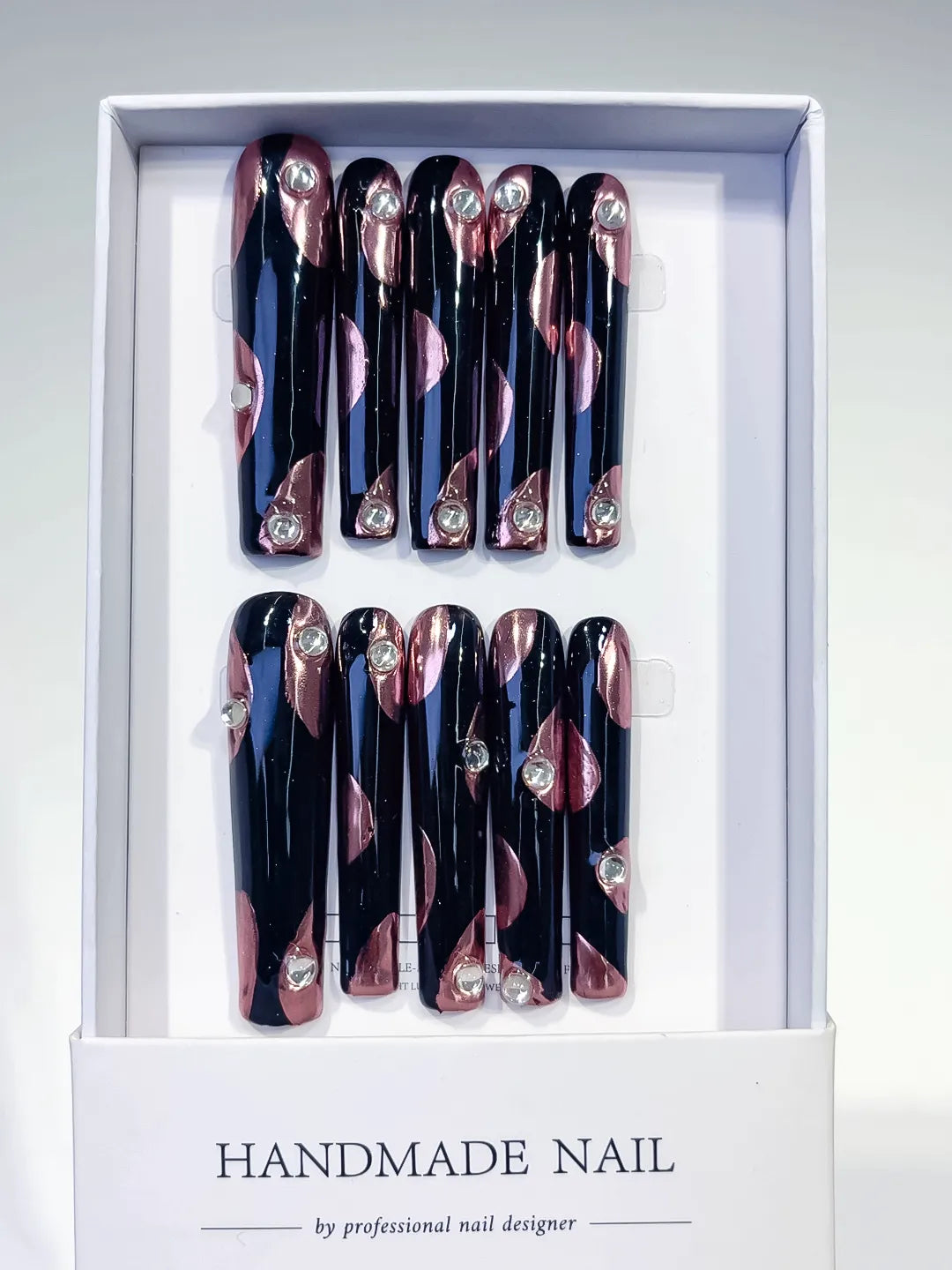 Pink White Black French tip Flower Heart press on nails full set view