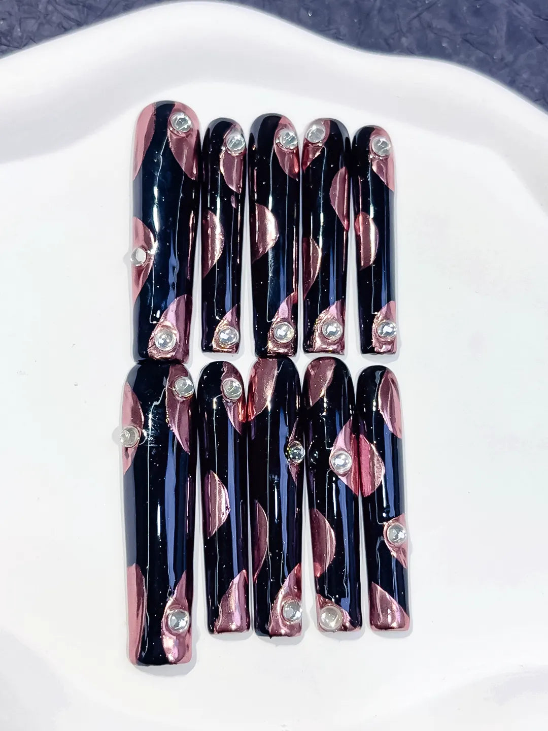 Pink White Black French tip Flower Heart press on nails detail view