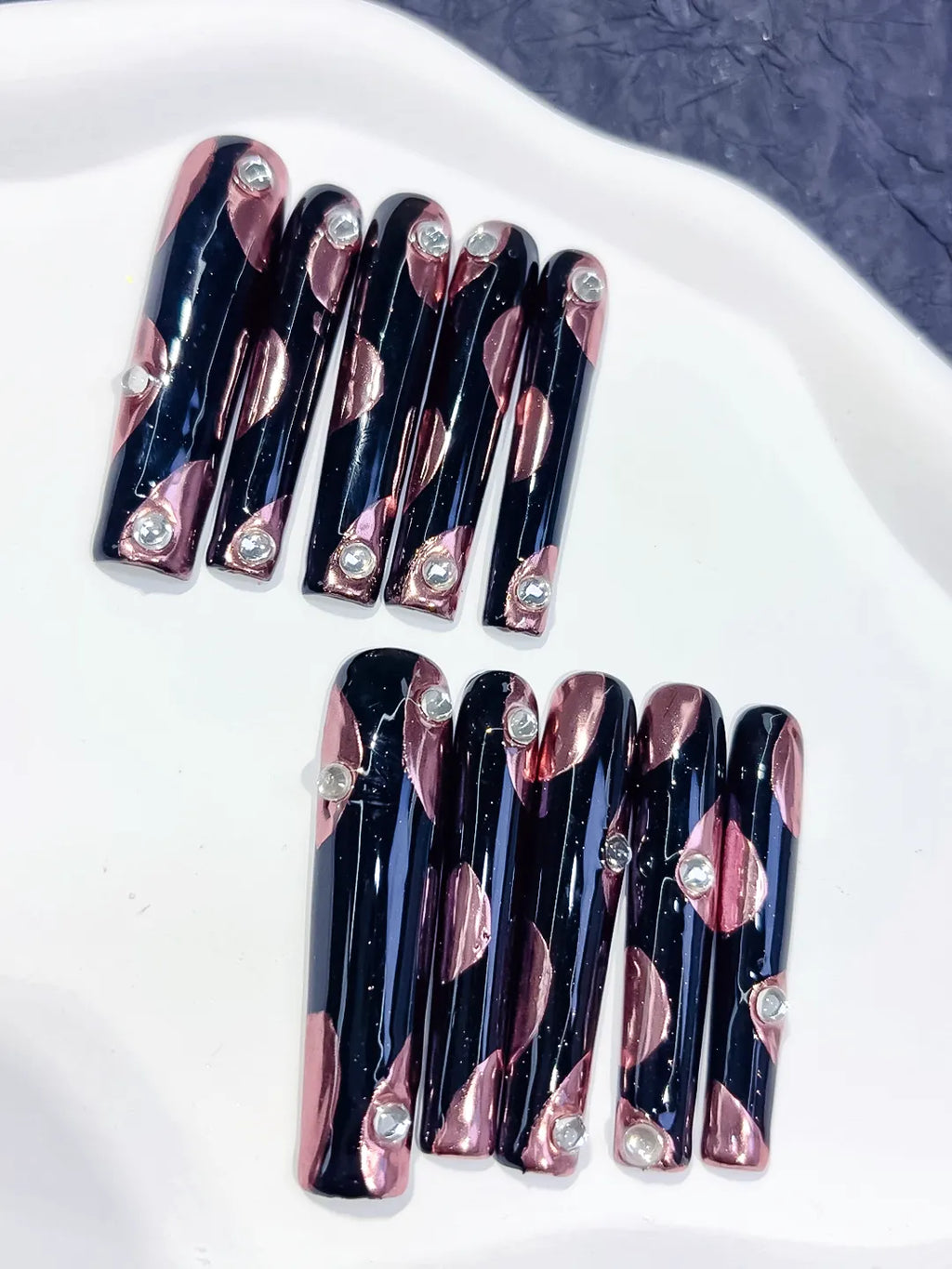 Pink White Black French tip Flower Heart press on nails detail view