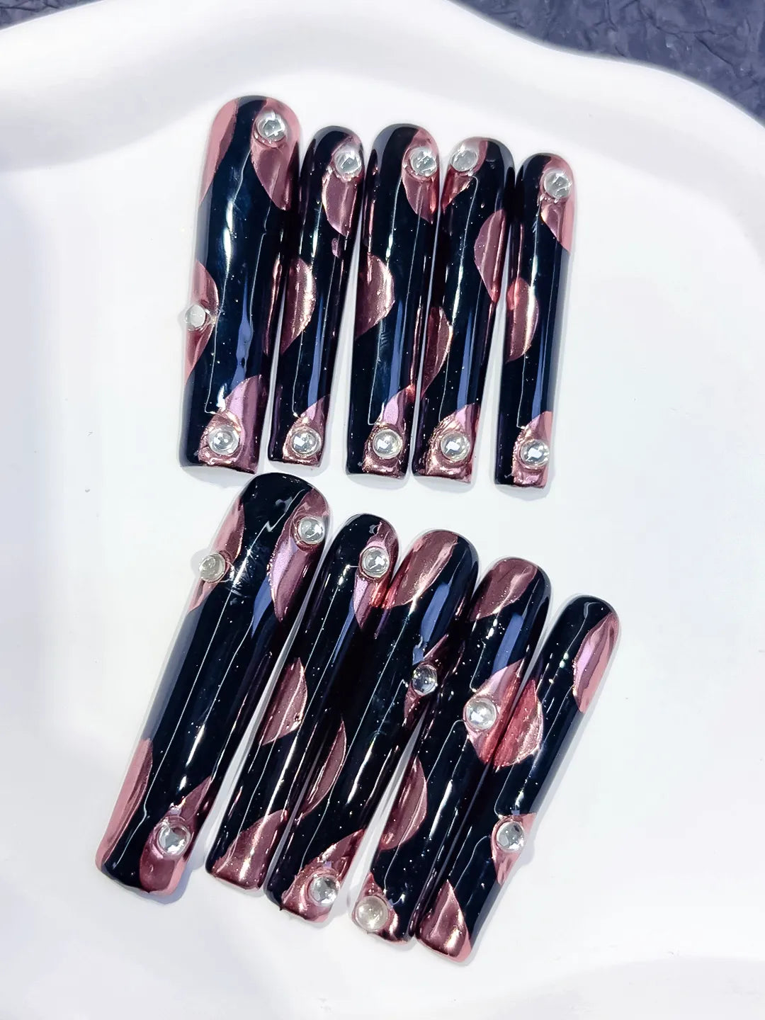 Pink White Black French tip Flower Heart press on nails detail view