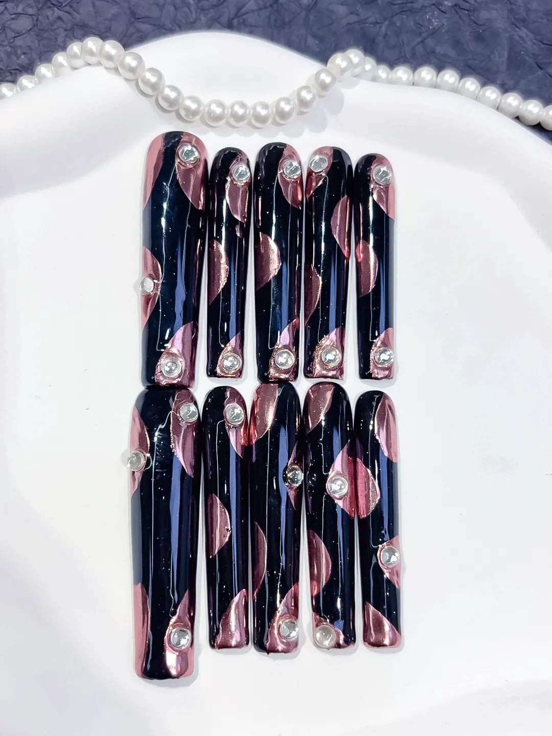 Pink White Black French tip Flower Heart press on nails close up