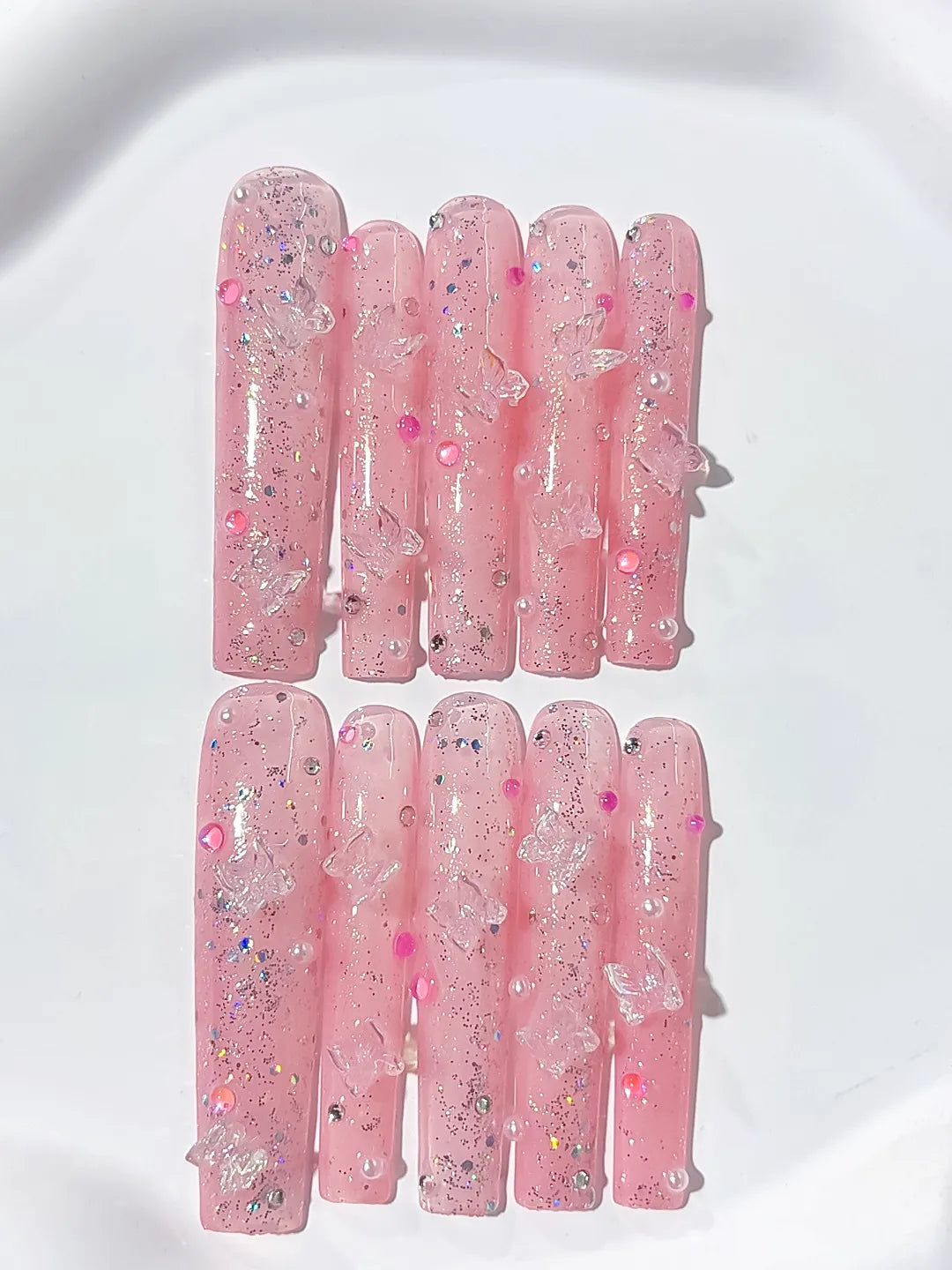Pink Black Purple Green Yellow Abstract Flower Star Rhinestone press on nails detail view