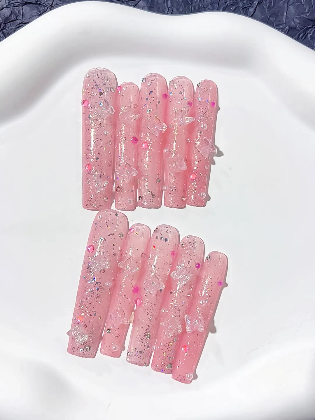 Pink Black Purple Green Yellow Abstract Flower Star Rhinestone press on nails close up