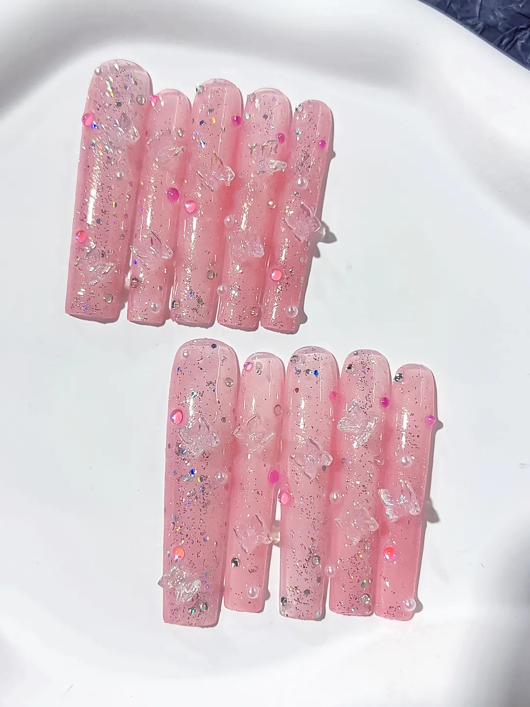Pink Black Purple Green Yellow Abstract Flower Star Rhinestone press on nails detail view