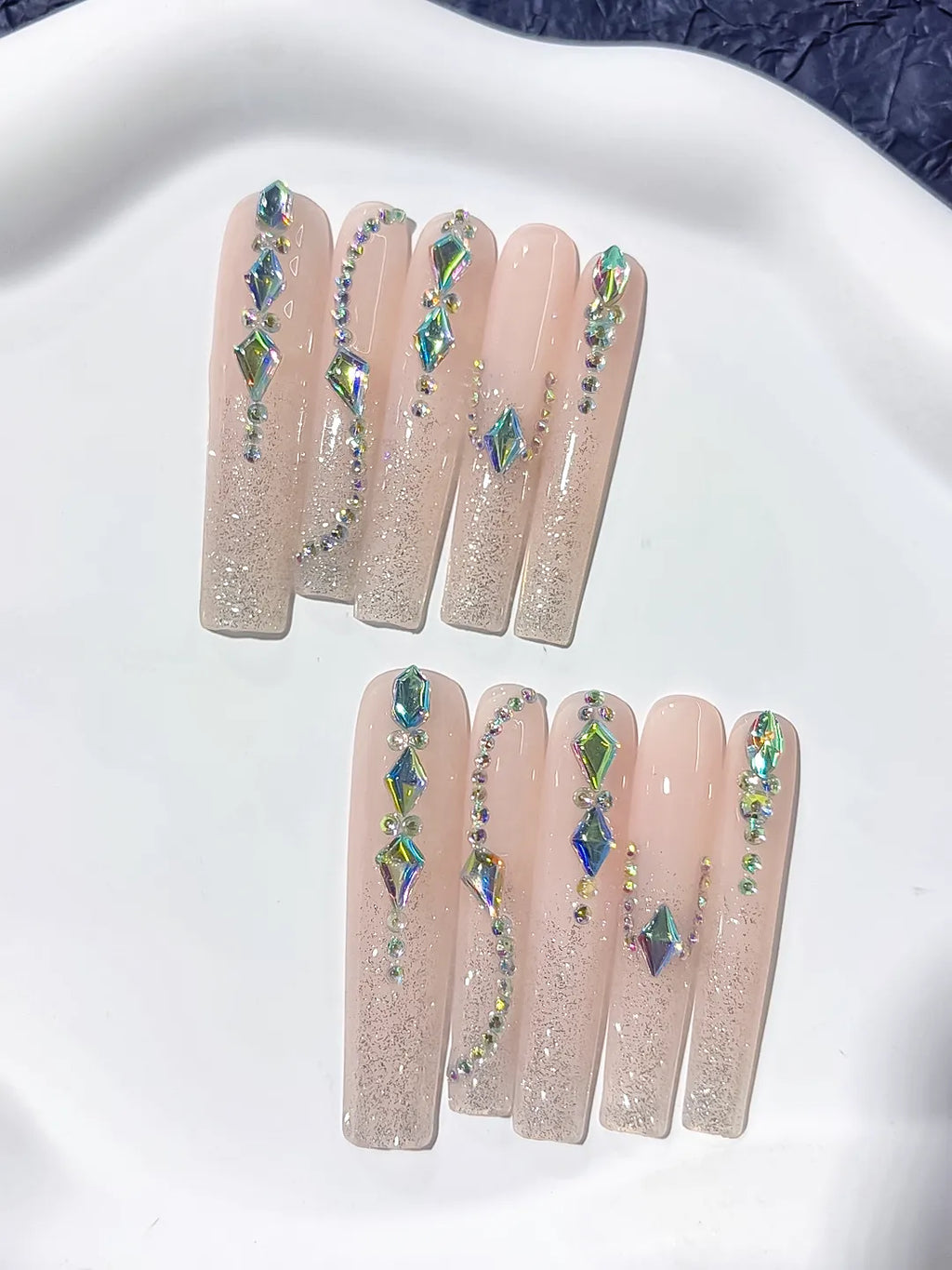 Nude White Blue Green Abstract Flower Leaf Berry press on nails close up