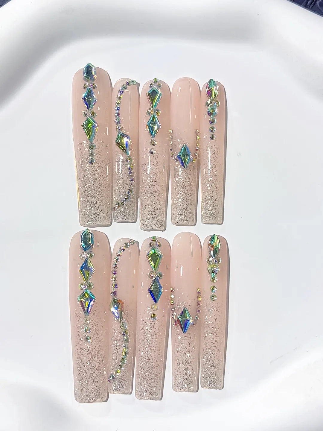 Nude White Blue Green Abstract Flower Leaf Berry press on nails detail view