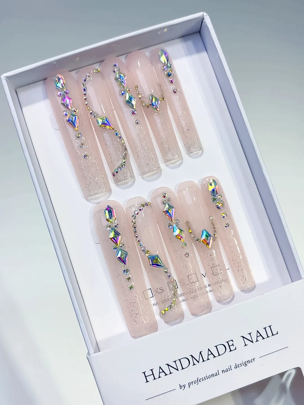 Nude White Blue Green Abstract Flower Leaf Berry press on nails angled view
