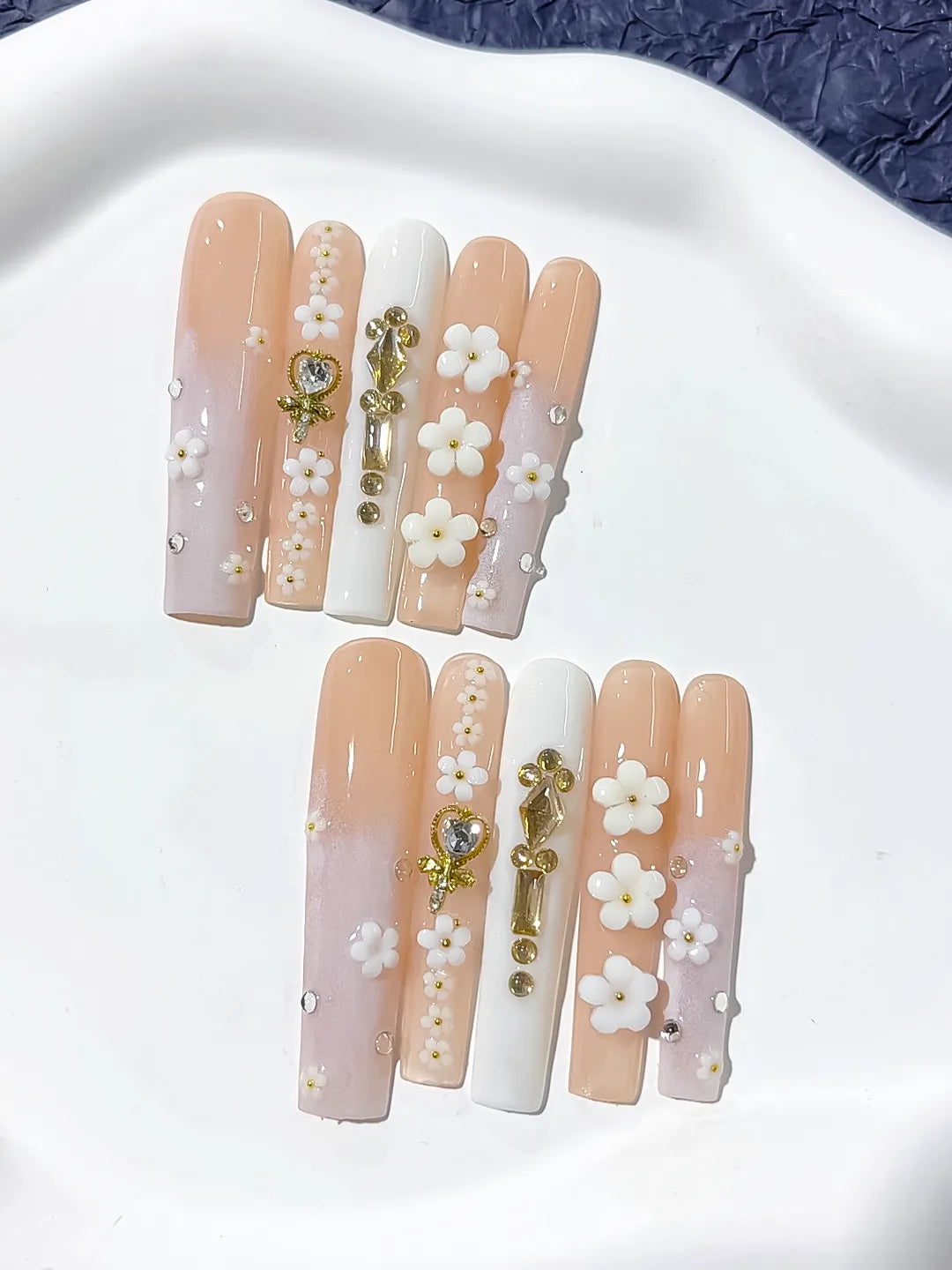 Blue Silver Gold Glitter Pearl Star Metallic Charm press on nails close up