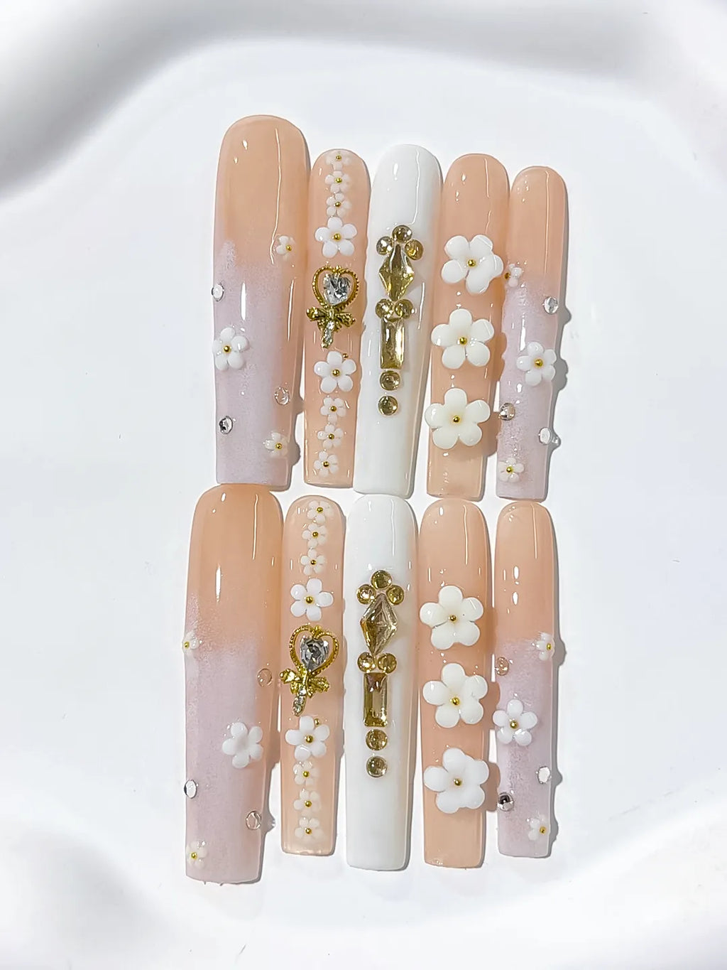 Blue Silver Gold Glitter Pearl Star Metallic Charm press on nails detail view