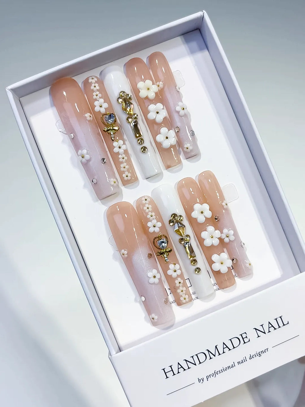 Blue Silver Gold Glitter Pearl Star Metallic Charm press on nails angled view