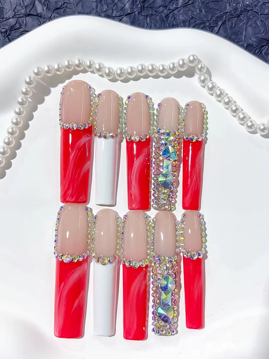 Nude Red White Silver Abstract Rhinestone press on nails close up