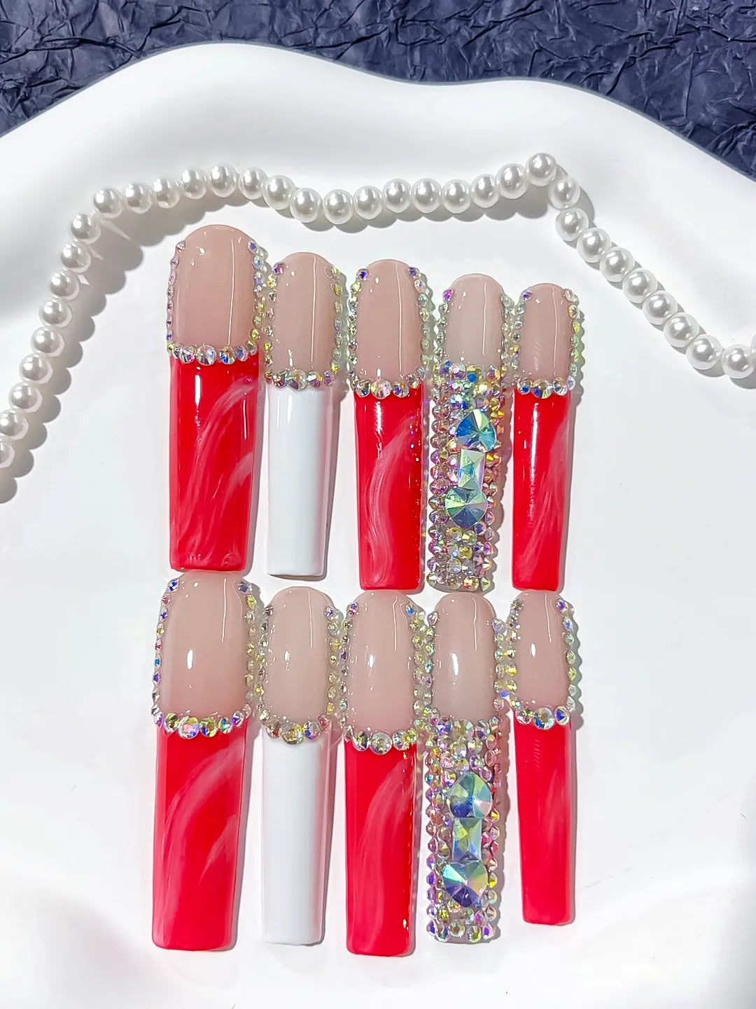 Nude Red White Silver Abstract Rhinestone press on nails close up