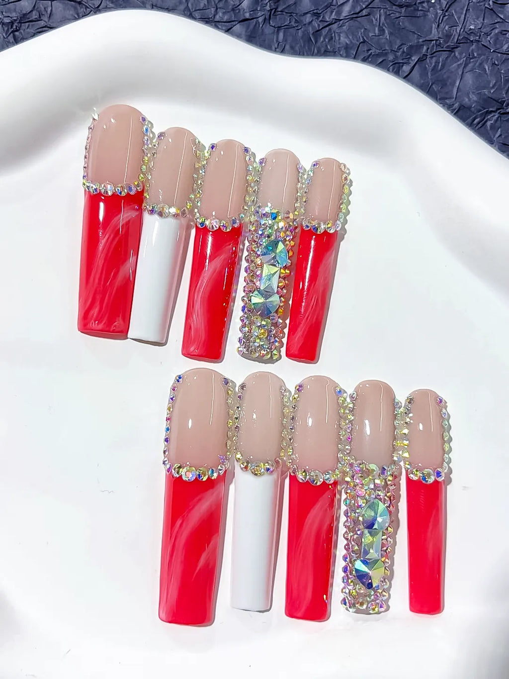 Nude Red White Silver Abstract Rhinestone press on nails detail view