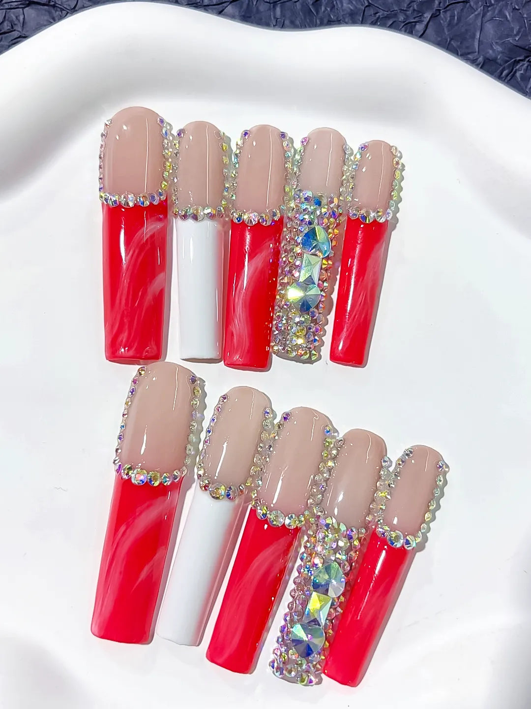 Nude Red White Silver Abstract Rhinestone press on nails detail view