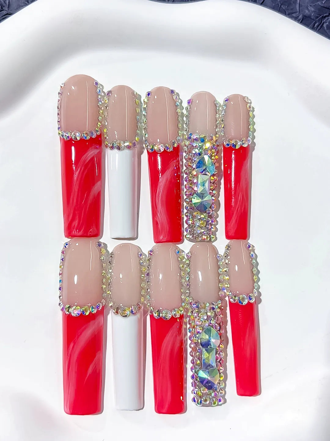 Nude Red White Silver Abstract Rhinestone press on nails detail view