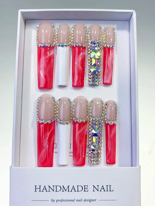 Nude Red White Silver Abstract Rhinestone press on nails full set view