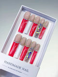 Nude Red White Silver Abstract Rhinestone press on nails