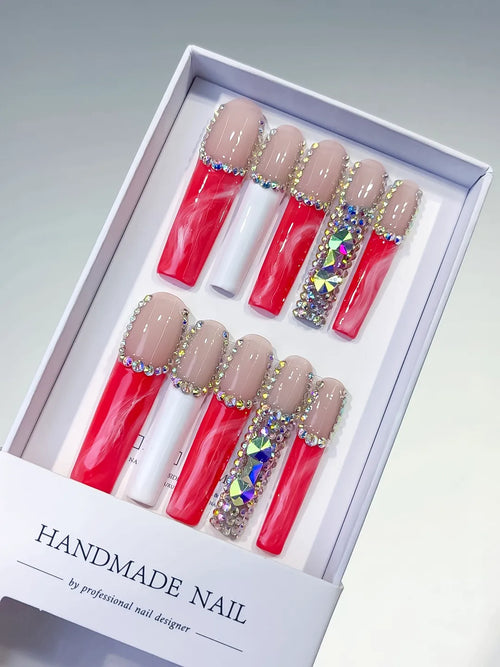 Nude Red White Silver Abstract Rhinestone press on nails