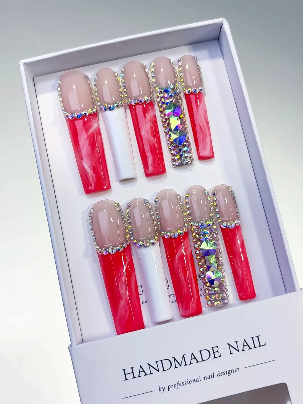 Nude Red White Silver Abstract Rhinestone press on nails angled view