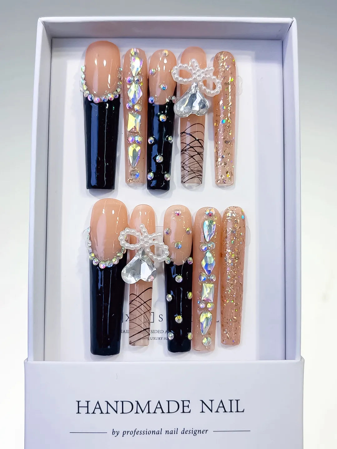 Nude Black Gold Silver French tip Bow Rhinestone Glitter press on nails full set view