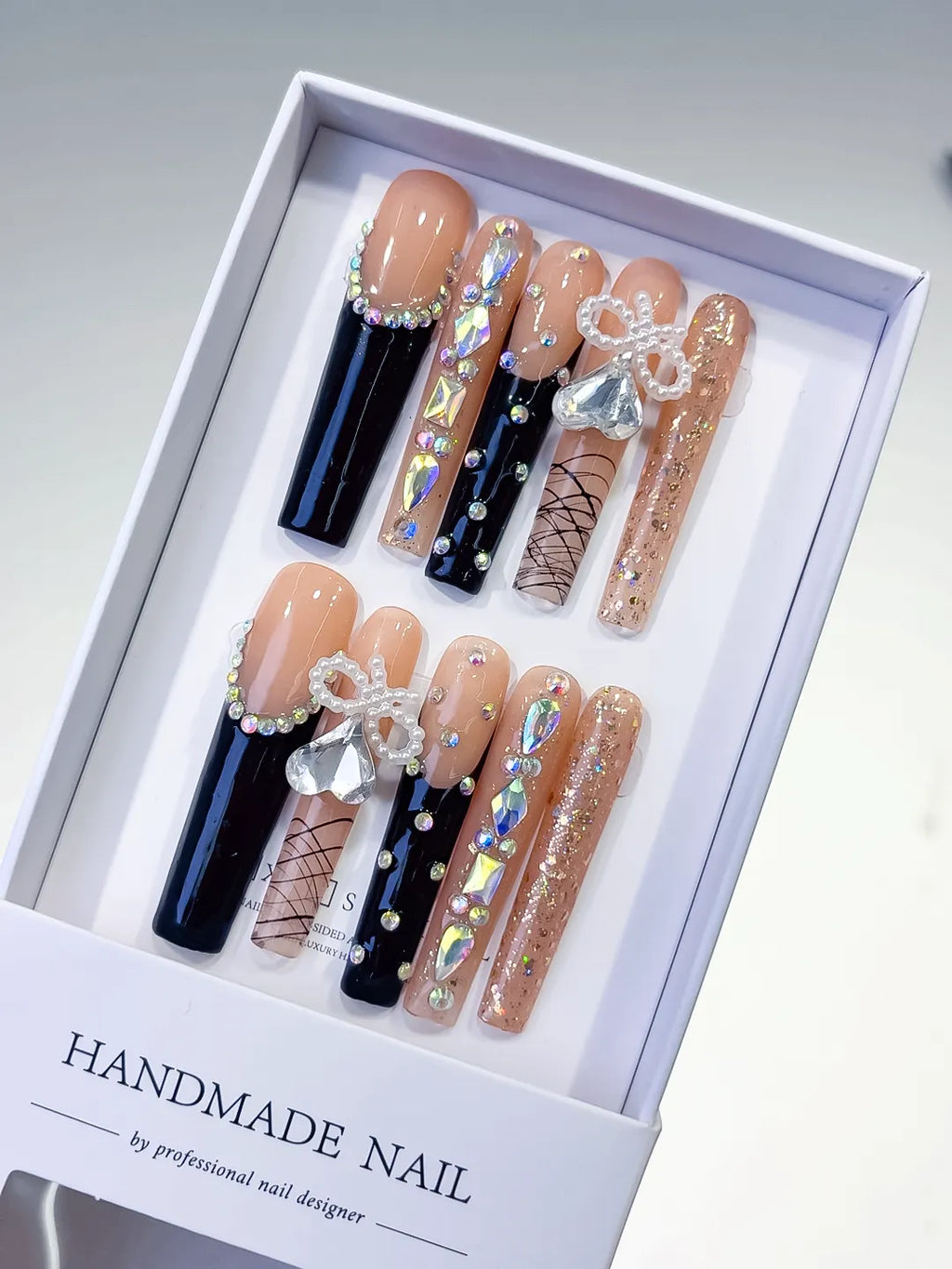 Nude Black Gold Silver French tip Bow Rhinestone Glitter press on nails
