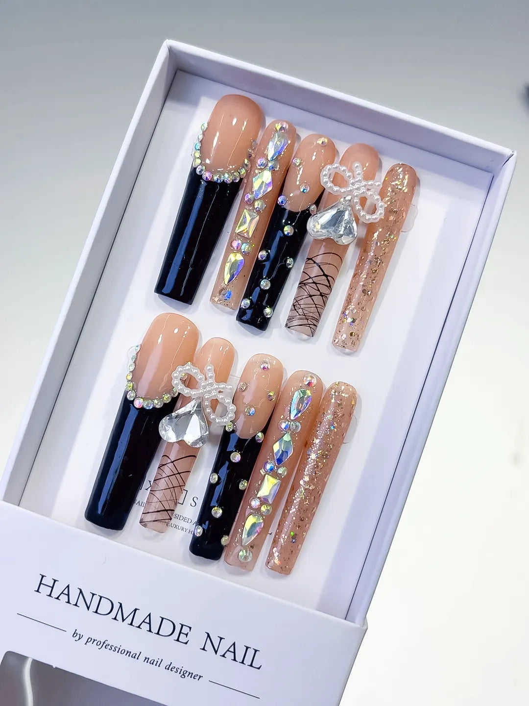 Nude Black Gold Silver French tip Bow Rhinestone Glitter press on nails