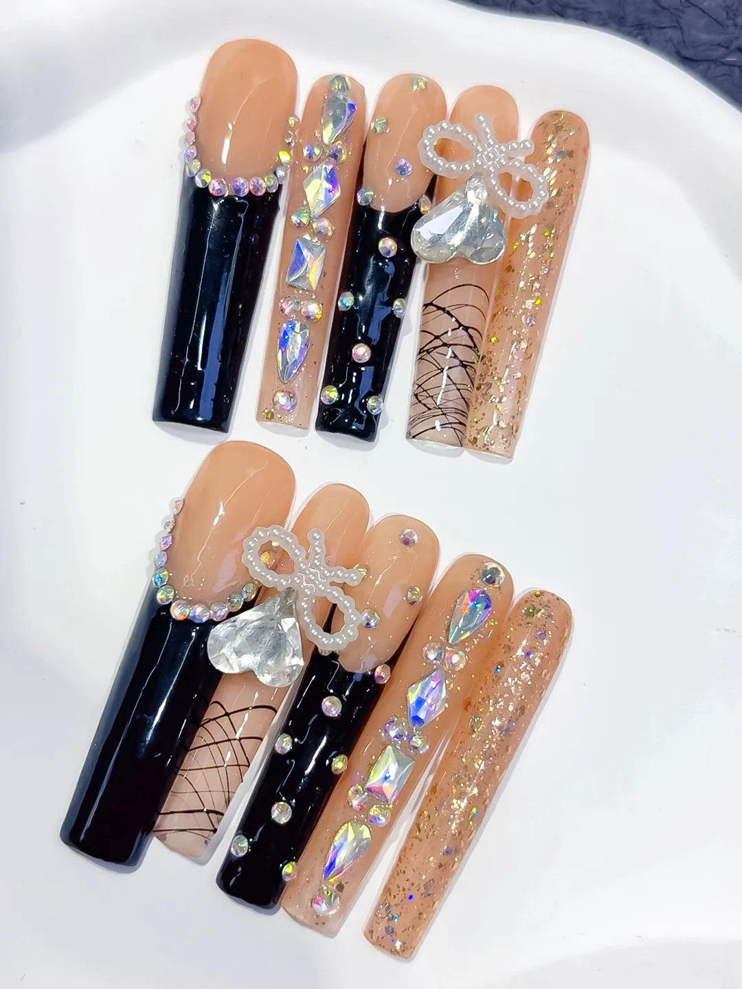 Nude Black Gold Silver French tip Bow Rhinestone Glitter press on nails detail view