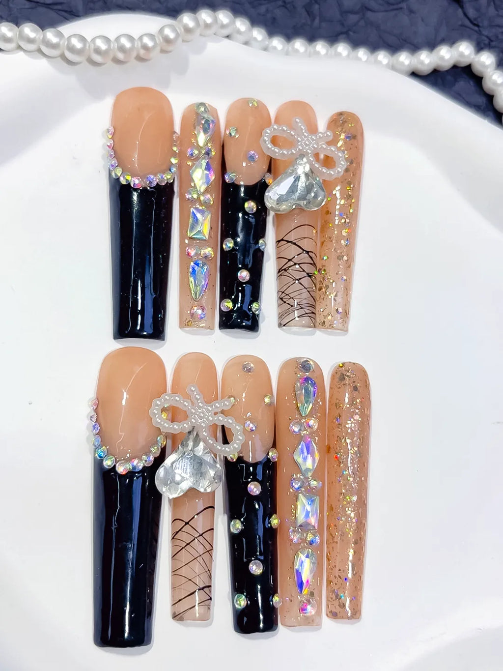 Nude Black Gold Silver French tip Bow Rhinestone Glitter press on nails detail view