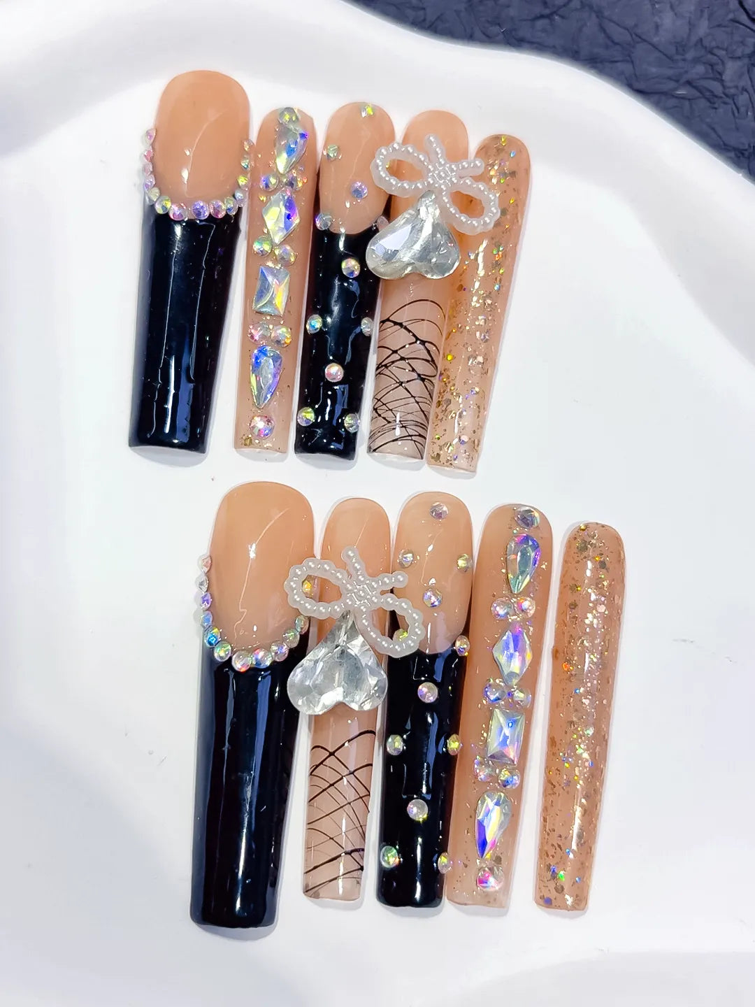 Nude Black Gold Silver French tip Bow Rhinestone Glitter press on nails detail view
