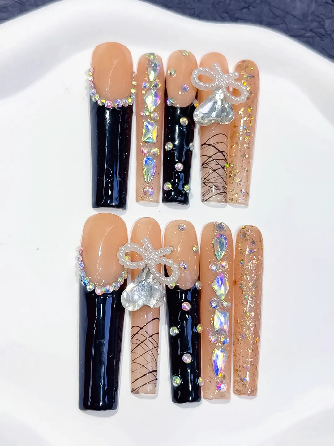 Nude Black Gold Silver French tip Bow Rhinestone Glitter press on nails close up