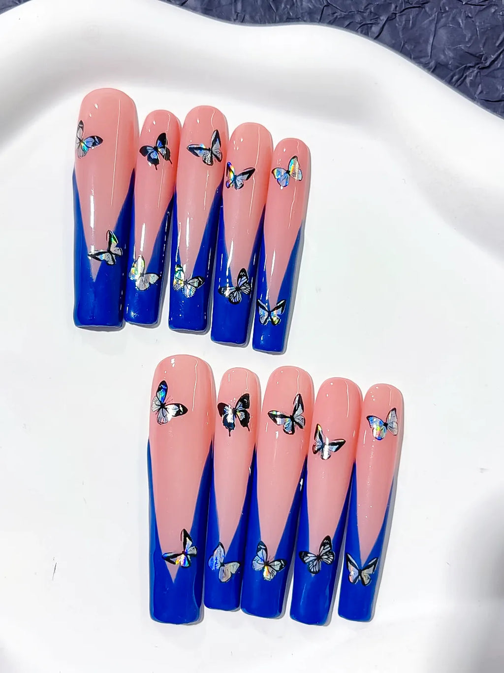 Pink Blue French tip Butterfly press on nails full set view
