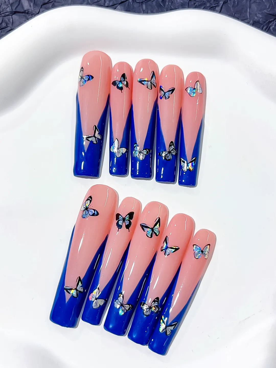 Pink Blue French tip Butterfly press on nails detail view