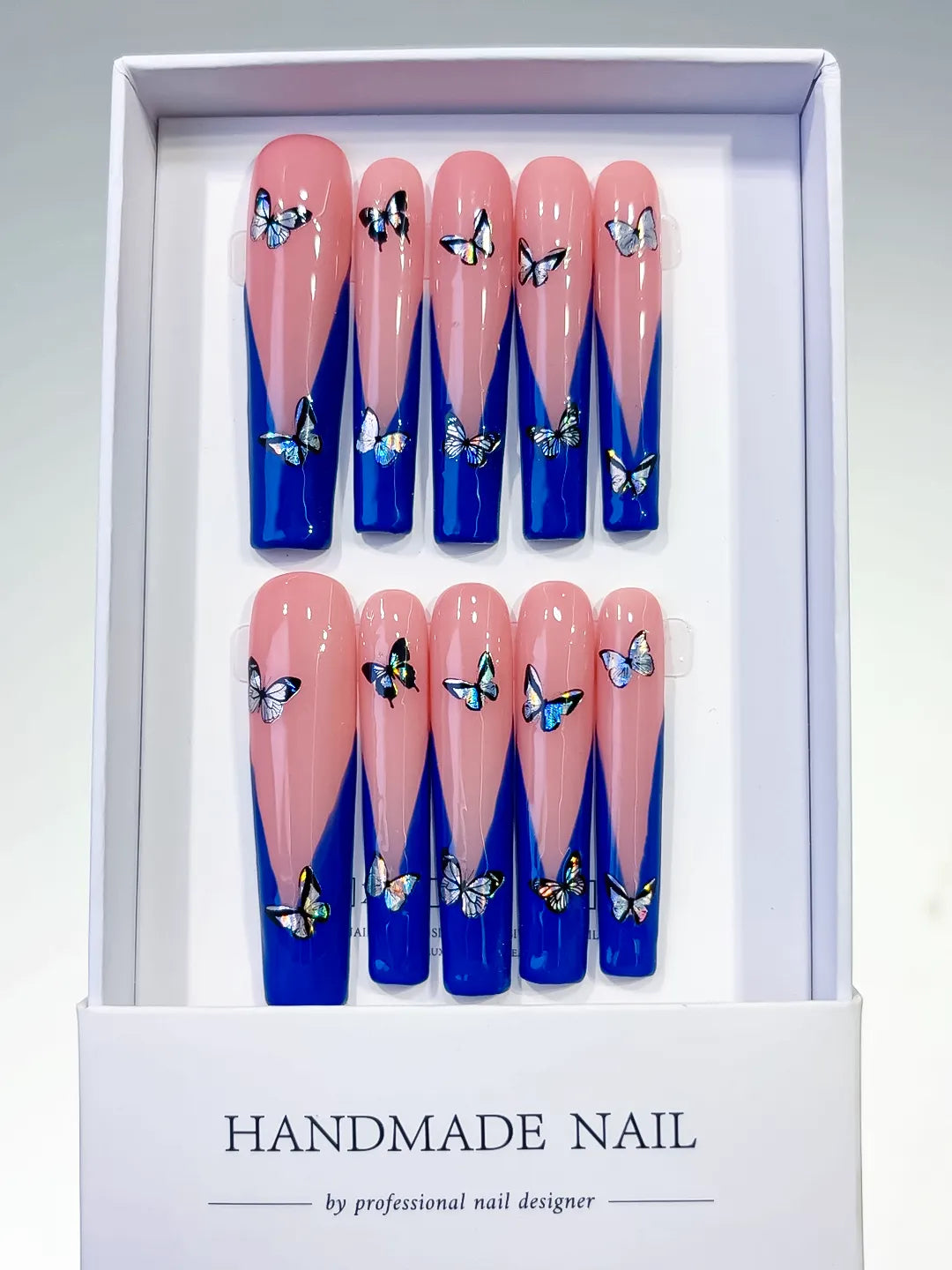 Pink Blue French tip Butterfly press on nails detail view