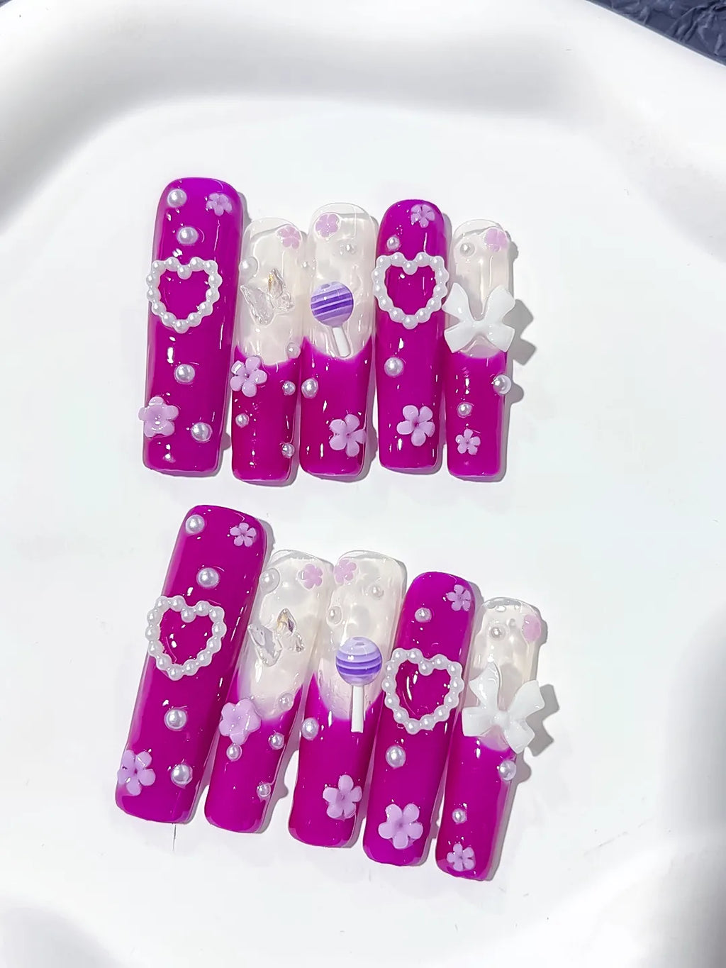 Pink White Purple Solid color Heart Bow Flower Pearl press on nails detail view